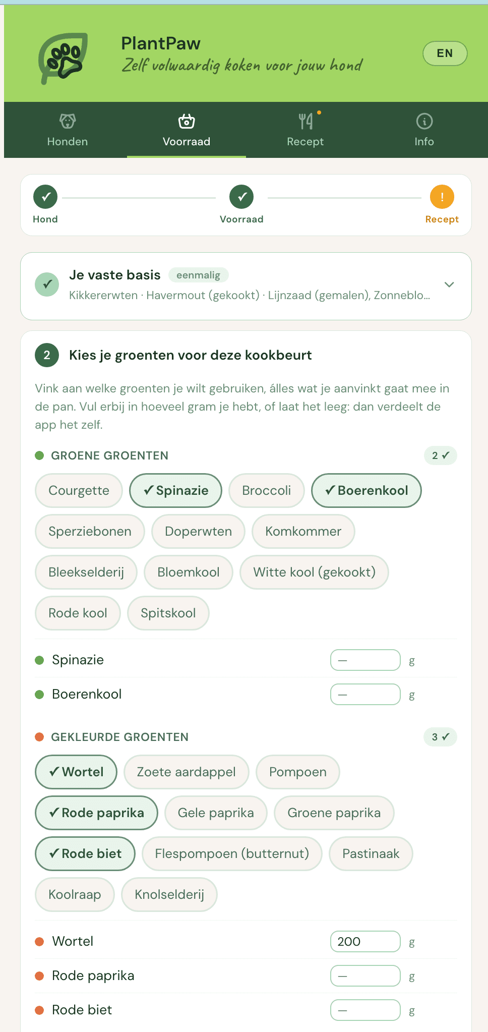 PlantPaw app – Voorraad kiezen
